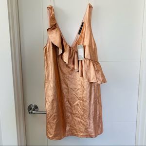 Zara Trafaluc Dress Metallic Rose Gold Ruffle S Sleeveless V-Neck Stretch New